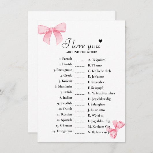 Bow I Liebe Sie um die Welt Bridal Game Card Einladung (Vorne/Hinten)