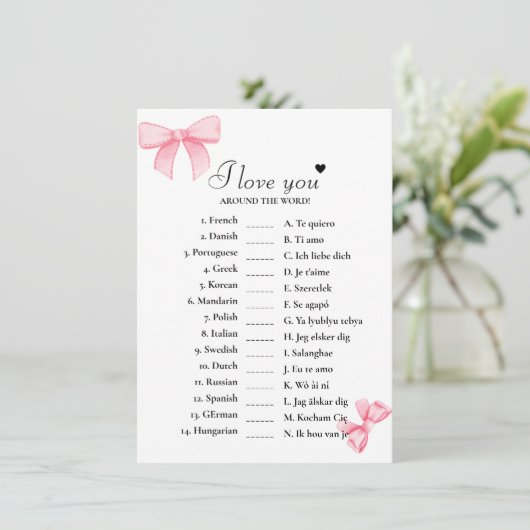 Bow I Liebe Sie um die Welt Bridal Game Card Einladung (Stehend Vorderseite)