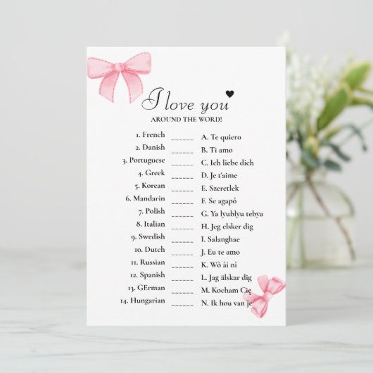 Bow I Liebe Sie um die Welt Bridal Game Card Karte (Stehend Vorderseite)
