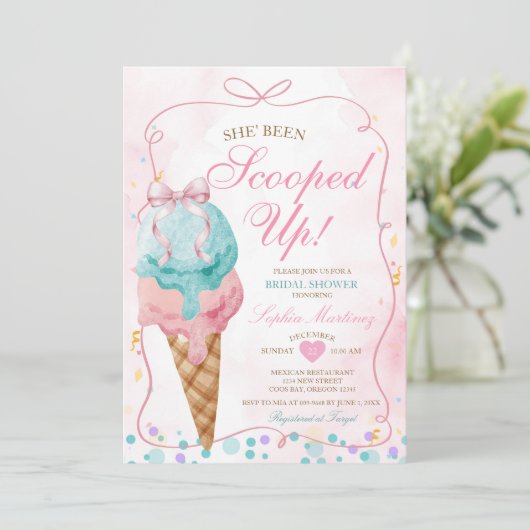 Bow Ice Cream Sie wurde Brautparty aufgedeckt Einladung (Stehend Vorderseite)