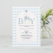 Bow It's A Boy Pumpkin Baby Shower Blue Gingham Einladung (Stehend Vorderseite)