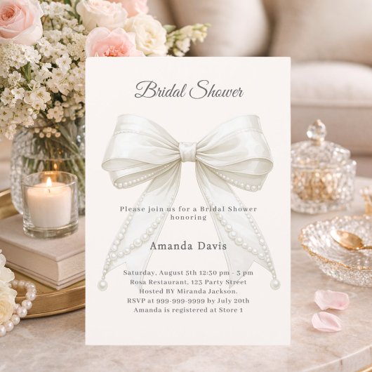 Bow ivory pearls elegant Bridal Shower Einladung