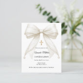 Bow ivory pearls girl Confirmation invitation (Stehend Vorderseite)