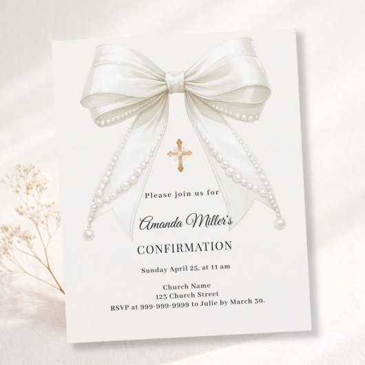 Bow ivory pearls girl Confirmation invitation