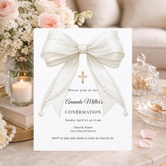 Bow ivory pearls girl Confirmation invitation