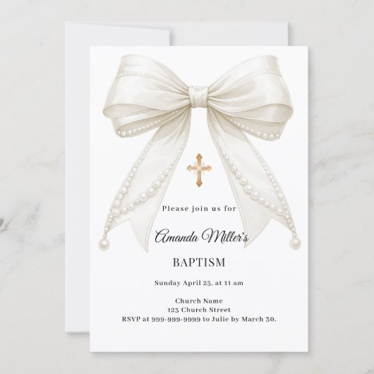 Bow Ivory Pearls Girl Elegant Baptism Einladung (Vorderseite)