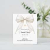 Bow Ivory Pearls Girl Elegant Baptism invitation (Stehend Vorderseite)