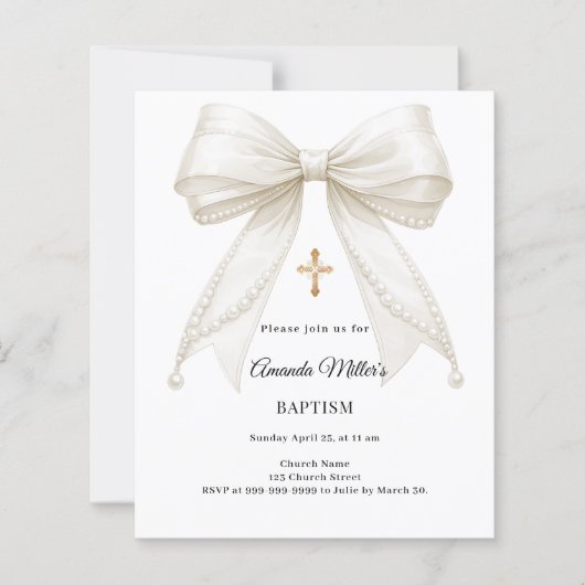 Bow Ivory Pearls Girl Elegant Baptism invitation (Vorderseite)
