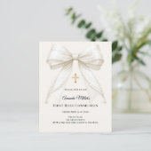 Bow ivory pearls girl First Communion invitation (Stehend Vorderseite)