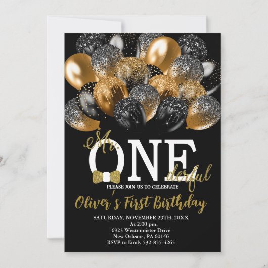 Bow Krawatte, Balloons 1st Bday, Mr Onederful Birt Einladung (Vorderseite)