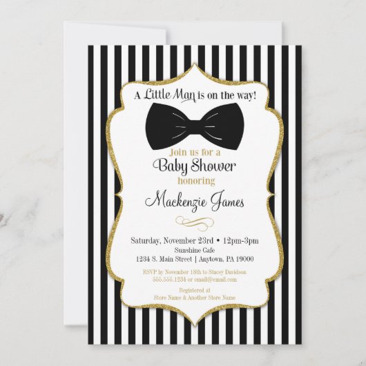 Bow Krawatte Boy Baby Shower Einladung Black Gold (Vorderseite)