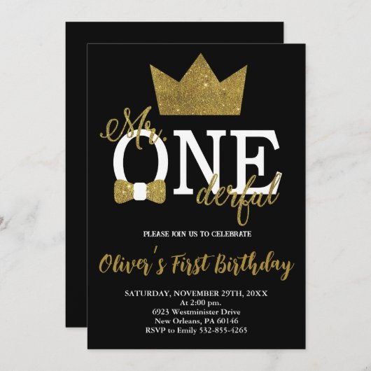 Bow Krawatte, Kleiner Mann, Mr. One-derful Birthda Einladung (Vorne/Hinten)