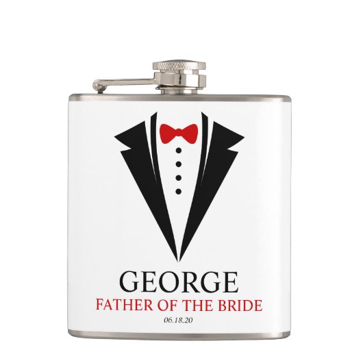 Bow Krawatte Tuxedo "Vater der Braut" Personalisie Flachmann (Vorderseite)