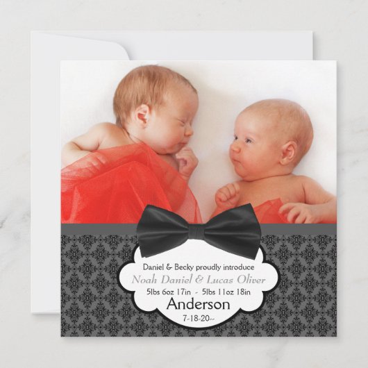 Bow Krawatte Twin Baby Boy Foto Geburtsankündigung Ankündigung (Vorderseite)