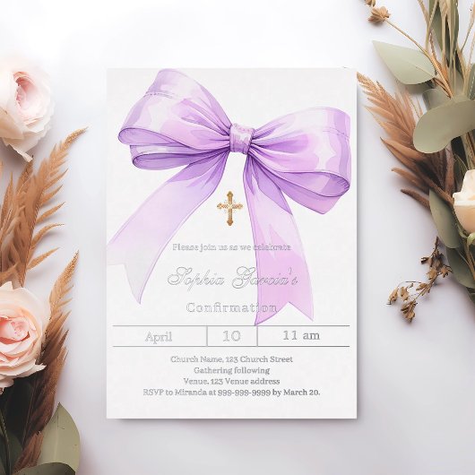 Bow lavender girl silver Confirmation Folieneinladung