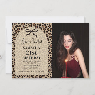 Bow Leopard Cheetah Birthday Photo Invitation Einladung