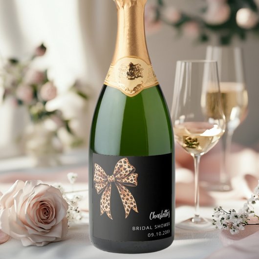 Bow Leopard drucken schwarzes Brautparty Schaumweinetikett