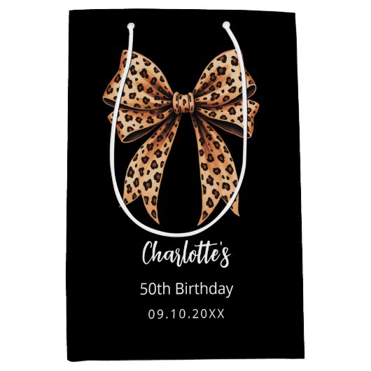 Bow Leopard Print Black Birthday Party Mittlere Geschenktüte (Vorderseite)