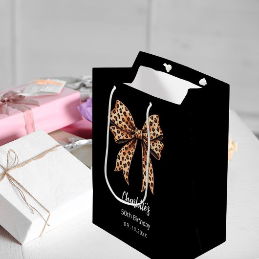 Bow Leopard Print Black Birthday Party Mittlere Geschenktüte