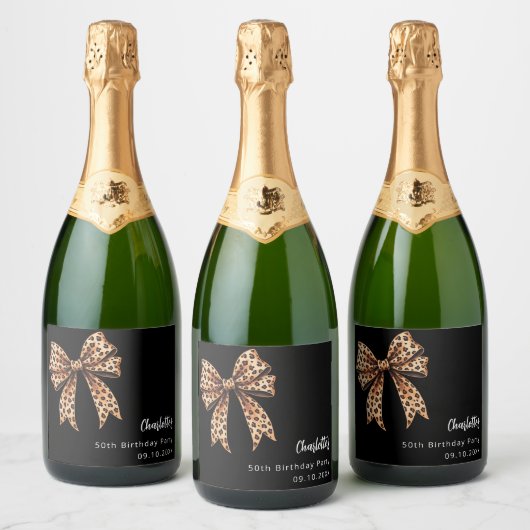 Bow Leopard Print Black Birthday Party Schaumweinetikett (Flaschen)