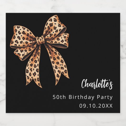 Bow Leopard Print Black Birthday Party Schaumweinetikett (Einzelnes Label)