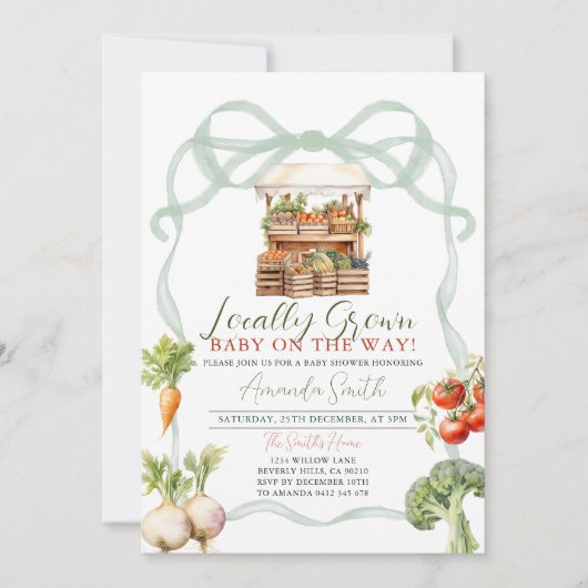 Bow lokal angebaute Frischmarkt Babydusche Einladung (Vorderseite)