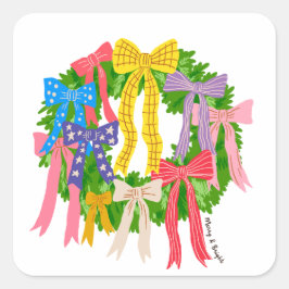 Bow Merry And Bright Weihnachten Quadratischer Aufkleber