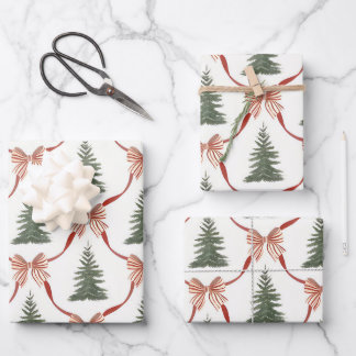 Bow Merry Christmas Watercolor Tree Wrapping Paper Geschenkpapier Set
