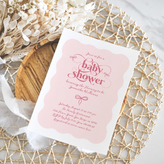 Bow Modern Minimalistisch Wavy Pink Girl Babydusch Einladung