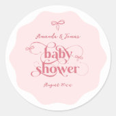 Bow Modern Minimalistisch Wavy Pink Girl Babydusch Runder Aufkleber (Vorderseite)