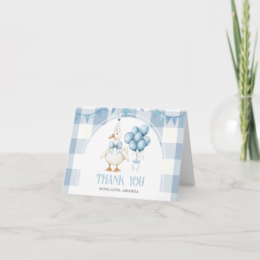 Bow One Silly Goose 1st Birthday Blue Gingham Dankeskarte (Vorderseite)