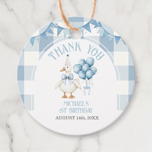 Bow One Silly Goose 1st Birthday Blue Gingham Geschenkanhänger (Vorderseite)