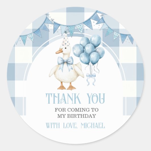 Bow One Silly Goose 1st Birthday Blue Gingham Runder Aufkleber (Vorderseite)