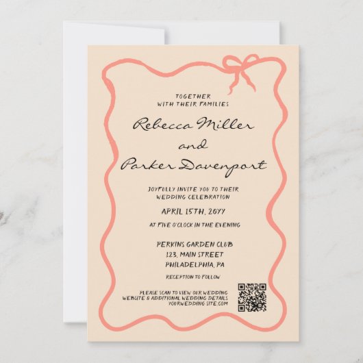 Bow Painted Pinstripes Wedding QR Code Einladung (Vorderseite)