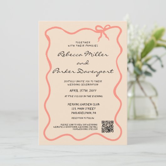 Bow Painted Pinstripes Wedding QR Code Einladung (Stehend Vorderseite)