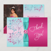 BOW Pink, Aqua Floral FOTO Danke Karte (Vorne/Hinten)