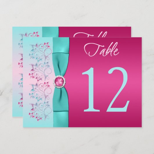 BOW Pink, Aqua Floral Tischnummer Card (Vorne/Hinten)