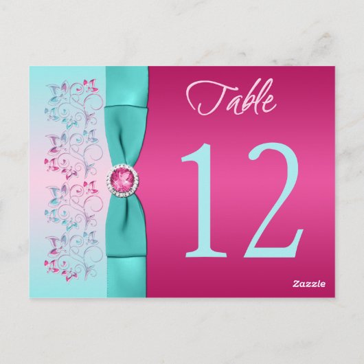 BOW Pink, Aqua Floral Tischnummer Card (Rückseite)