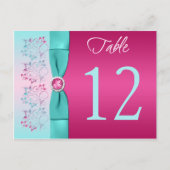 BOW Pink, Aqua Floral Tischnummer Card (Vorderseite)