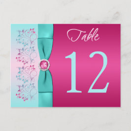 BOW Pink, Aqua Floral Tischnummer Card