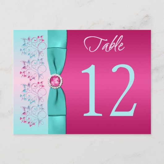 BOW Pink, Aqua Floral Tischnummer Card (Vorderseite)