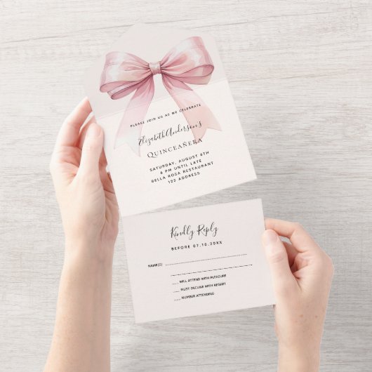 Bow Pink beige Creme Quinceanera uAwg All In One Einladung (Abreißen)
