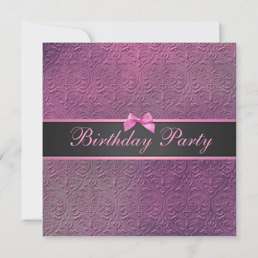 Bow & Pink Damask Geburtstag Einladung (Vorderseite)