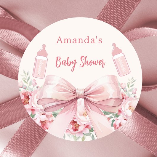 Bow pink florals Flaschen Babydusche Runder Aufkleber