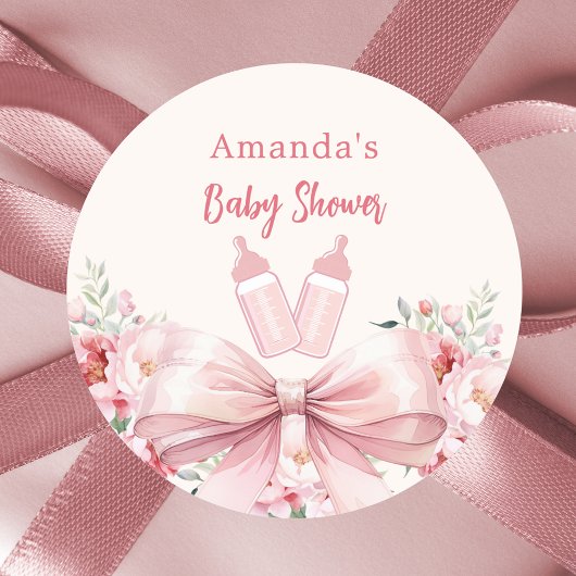 Bow pink florals Flaschen Babydusche Runder Aufkleber