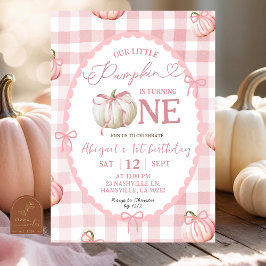 Bow Pink Gingham Pumpkin 1. Geburtstag Einladung