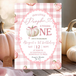 Bow Pink Gingham Pumpkin 1. Geburtstag Einladung