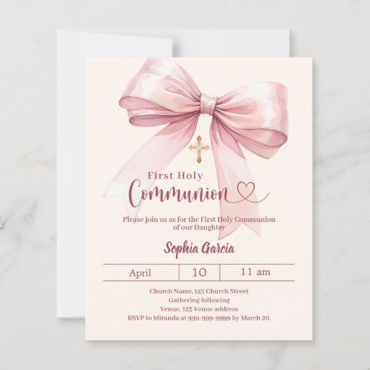Bow pink girl cream First Communion invitation (Vorderseite)