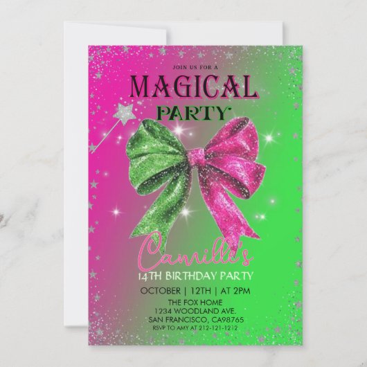  Bow pink & green magical Birthday Party  Einladung (Vorderseite)