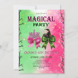 Bow pink & green Magical Witch Birthday Einladung